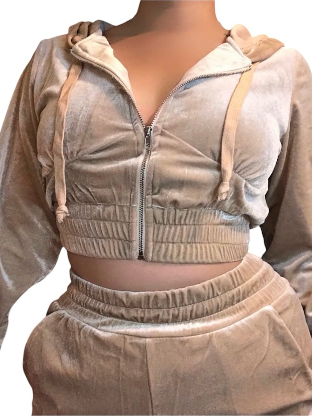 Fashion Nova Beige Velour Cropped Zip Hoodie